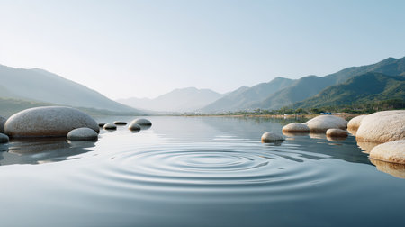 Experience a tranquil water landscape featuring smooth stones and gentle ripples. The serene mountains under a clear sky create a peaceful natural setting.の素材