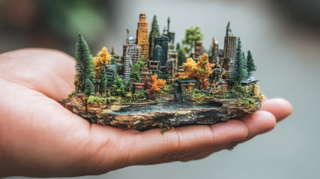 A unique miniature sculpture of an urban landscape held in a hand, showcasing a harmonious blend of nature and city life with intricate details and vibrant colors.の素材