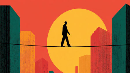 This artistic illustration features a businessman walking on a tightrope at sunset, symbolizing the risks and balance required in professional life amidst an urban landscape.の素材