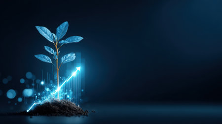 A captivating image of a green plant emerging from soil, combined with a glowing financial chart. This visual represents growth, innovation, and sustainability in dark surroundings.の素材