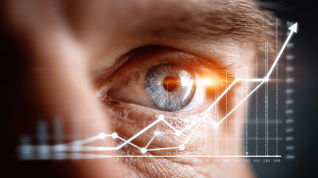 This image features a close-up view of a human eye combined with a digital graph overlay, symbolizing growth, data analysis, and technological advancement in business contexts.の素材