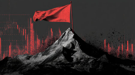 A striking image featuring a bold red flag atop a snow-capped mountain, surrounded by abstract red graph elements, symbolizing achievement, risk, and market trends in business.の素材