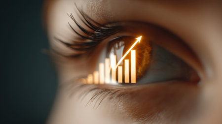 Close-up of an eye with a financial growth chart reflected in the iris, symbolizing ambition and success in both business and personal development journeys.の素材