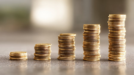 A close-up of coins stacked in ascending order, illustrating financial growth and investment success, with a blurred background enhancing the focus on wealth accumulation.の素材