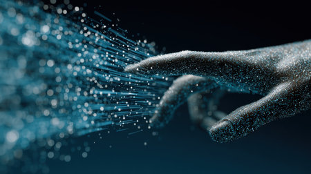 A hand reaches out, surrounded by shimmering digital particles that symbolize connection and innovation in a vibrant virtual space. Perfect for tech-focused projects.の素材