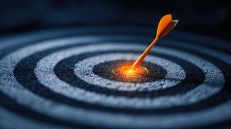 A striking image of a dart arrow embedded in the center of a target, surrounded by a blurred background, evokes themes of focus, precision, and success in achieving goals.の素材