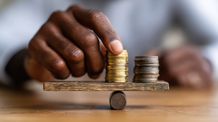 A close-up image showing a hand balancing coins on a wooden scale, representing financial decisions and economic growth in a professional context.の素材