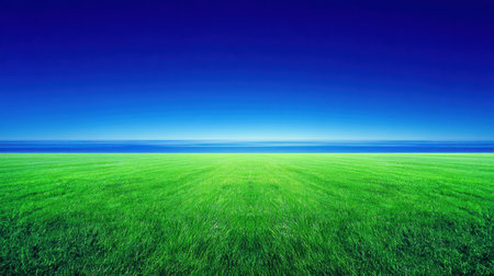 A breathtaking view of a lush green grass field stretching towards a serene ocean horizon under a radiant blue sky, evoking feelings of peace and harmony.の素材