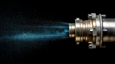This striking image captures a detailed metallic pipe ejecting a vivid blue spray, showcasing the dynamics of fluid release within an industrial context, perfect for design projects.の素材
