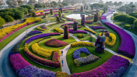 This stunning aerial view captures a vibrant floral garden filled with colorful flowers and lush greenery, featuring intricate patterns and serene pathways, ideal for relaxation.の素材