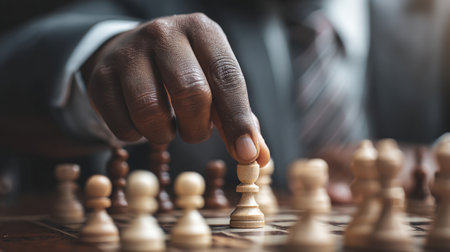 A focused business professional is strategically moving a chess piece on a wooden board, emphasizing concentration and competition in a sophisticated environment.の素材