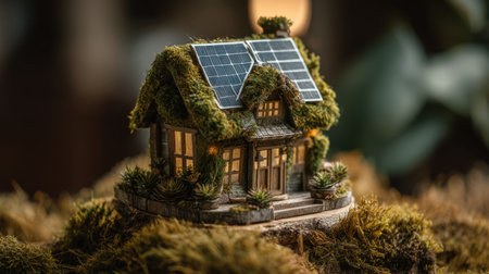 This charming miniature house model features solar panels and is nestled in lush moss, representing a blend of eco-friendly design and natural beauty, inspiring sustainable living.の素材