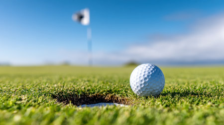 This image captures a golf ball resting near a hole on a lush green course, with a flag gently fluttering in the background, highlighting a beautiful sunny day.の素材