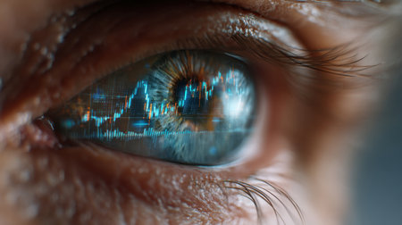 Close-up view of an eye reflecting complex financial graphs and market data, illustrating the intricate relationship between human insight and technology in investing.の素材