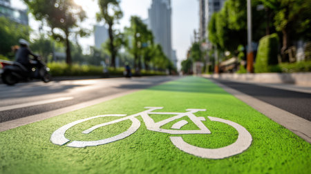 A vibrant bicycle lane painted in bright green leads through an urban landscape, offering a safe space for cyclists amidst a lively city atmosphere.の素材