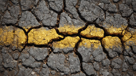 This image features a close-up of a cracked asphalt surface with a distinct yellow line marking, illustrating the wear and deterioration common in urban environments.の素材