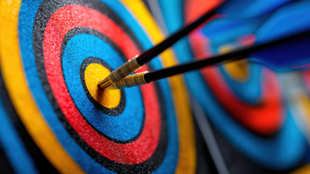 An intense image featuring two darts perfectly hitting the bullseye of a vibrant archery target, emphasizing the theme of focus and skill in gameplay.の素材