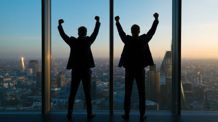 Two businessmen celebrate their achievements with raised fists, silhouetted against a breathtaking sunset view of the city skyline from a high-rise office.の素材