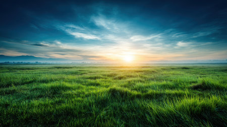 Experience the beauty of a tranquil landscape at sunrise featuring lush green grass under a vibrant sky, evoking peace and the essence of nature's splendor.の素材