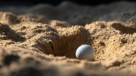 This captivating image showcases a golf ball resting in a sand trap, emphasizing the challenges golfers face during play. Perfect for sports, recreation, and golfing themes.の素材