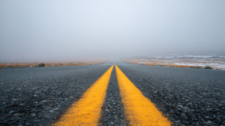 A captivating view of a winding road disappearing into a dense fog, featuring striking yellow lane markings. This image evokes feelings of adventure and tranquility.の素材