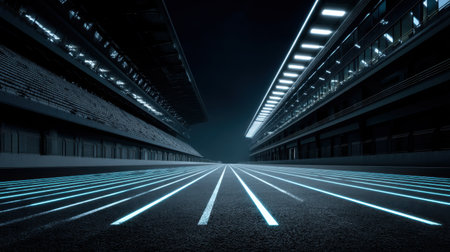 A captivating view of an empty race track at night, featuring a glowing pit lane and lines on the asphalt, evoking a sense of speed and anticipation in motorsport.の素材