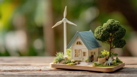 A charming miniature model of an eco-friendly house with a wind turbine and lush greenery sits on a wooden surface, symbolizing sustainability and innovative living.の素材