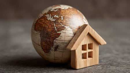 This image features a wooden house model alongside a globe, symbolizing concepts of home, world travel, and the connection between local and global lifestyles.の素材