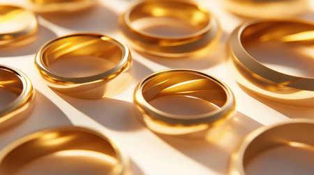 Abstract D rendering of golden geometric shapes casting shadows on a matte surface. Modern and elegant composition with copy space.の素材