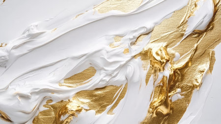 Abstract fluid gold paint on white canvas, brush stroke pattern in corner with blank copy space. No people.の素材