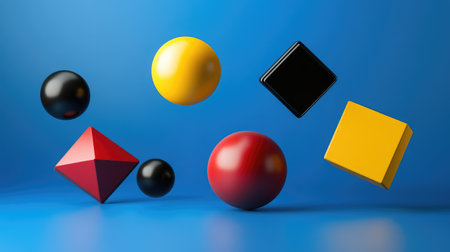 Abstract geometric shapes floating on a clean surface, symbolizing the variety of ideas and possibilities, with room for design or copyの素材