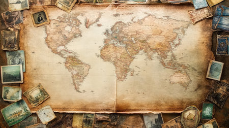 An old, well-worn map with an empty space for a photo, surrounded by scattered postcards and travel souvenirs, evoking feelings of longing for distant places and lost timeの素材