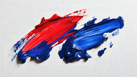 Abstract brush strokes of red and blue paint on white paper, showing the process of creative work with ample space for branding or messagesの素材
