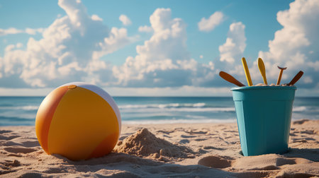 A beach ball and sandcastle tools scattered across a sandy beach, with space for summer memories to be shared of playful moments by the shoreの素材