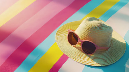 A beach hat and sunglasses resting on a colorful beach towel, with empty space for a cherished summer photo, evoking lazy summer afternoons under the sunの素材