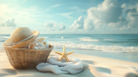 A basket of beach toys beside a sunhat and towel, evoking playful moments on a summer beach vacation, with plenty of space for personal memoriesの素材
