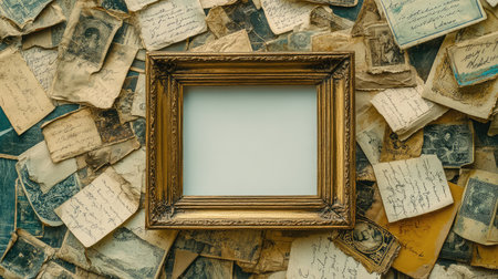 An empty photo frame on a desk, surrounded by a stack of old letters and postcards, symbolizing treasured memories with space for personal imagesの素材