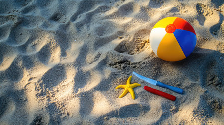 A beach ball and sandcastle tools scattered across a sandy beach, with space for summer memories to be shared of playful moments by the shoreの素材