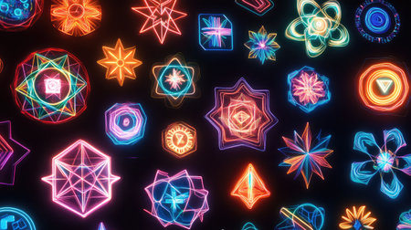A close-up of glowing geometric patterns and digital shapes on a black background, symbolizing the future of creative ideas, with space for textの素材