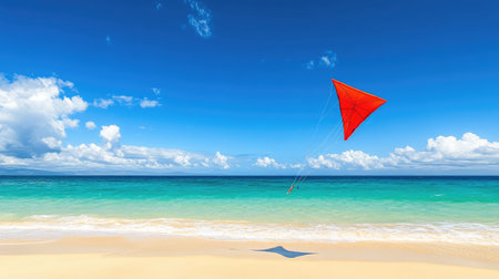 A colorful kite soaring in the bright blue sky over a wide-open beach, creating space to add a personal memory of summer fun and adventuresの素材