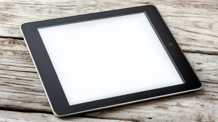 A digital tablet with a white screen placed on a simple wooden desk, representing a blank canvas for new business ideas, with plenty of space for copyの素材