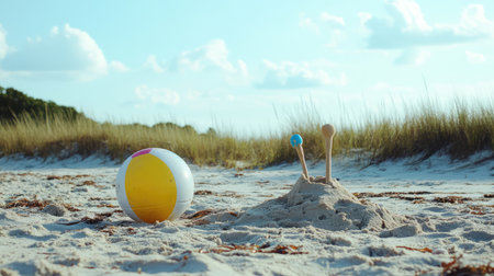 A beach ball and sandcastle tools scattered across a sandy beach, with space for summer memories to be shared of playful moments by the shoreの素材
