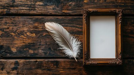 A delicate feather resting next to an open letter with an empty photo frame, inviting the feeling of missing someone or something specialの素材