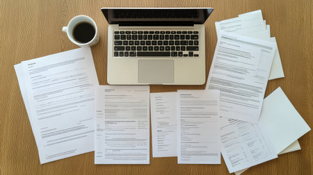 A flat lay of empty documents, a laptop, and a cup of coffee on a clean desk, symbolizing the workspace for new business ideas, with space for textの素材