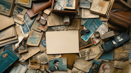 A collection of vintage mementos like postcards and old tickets, scattered across a desk, with an empty space to add a cherished photographの素材