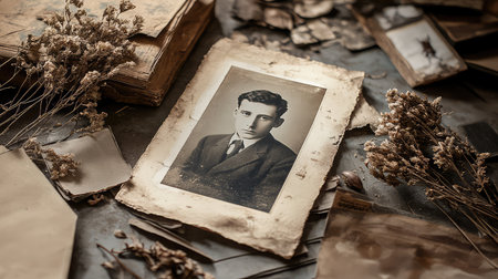 A faded photograph with space to add a personal image, surrounded by dried flowers and trinkets, evoking a sense of longing for someone or something from the pastの素材