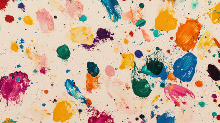 A collection of scattered paint splashes on a white background, illustrating the boundless nature of imagination with plenty of room for textの素材