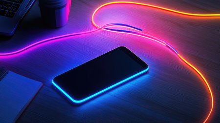 A creative digital workspace with an empty smartphone screen, notepad, and glowing neon lines representing innovative ideas, with space for textの素材