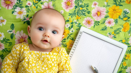 A flat lay of a notepad, pen, and digital tablet on a simple desk, representing a clean workspace for brainstorming business ideas, with space for copyの素材