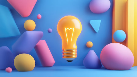 A glowing creative lightbulb surrounded by abstract colorful shapes, representing the birth of an idea with plenty of space for textの素材